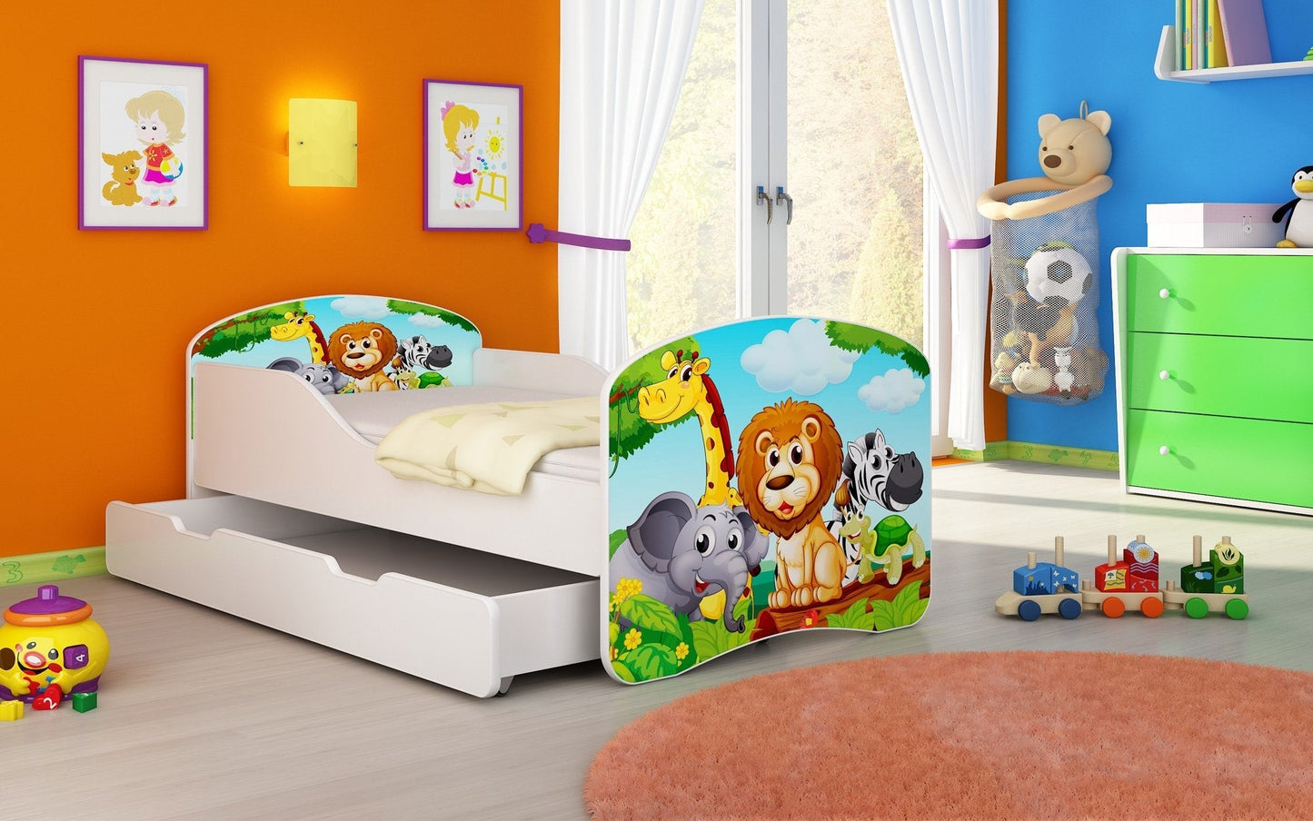 Lit pour enfant Luna avec motifs colorés et tiroir de rangement