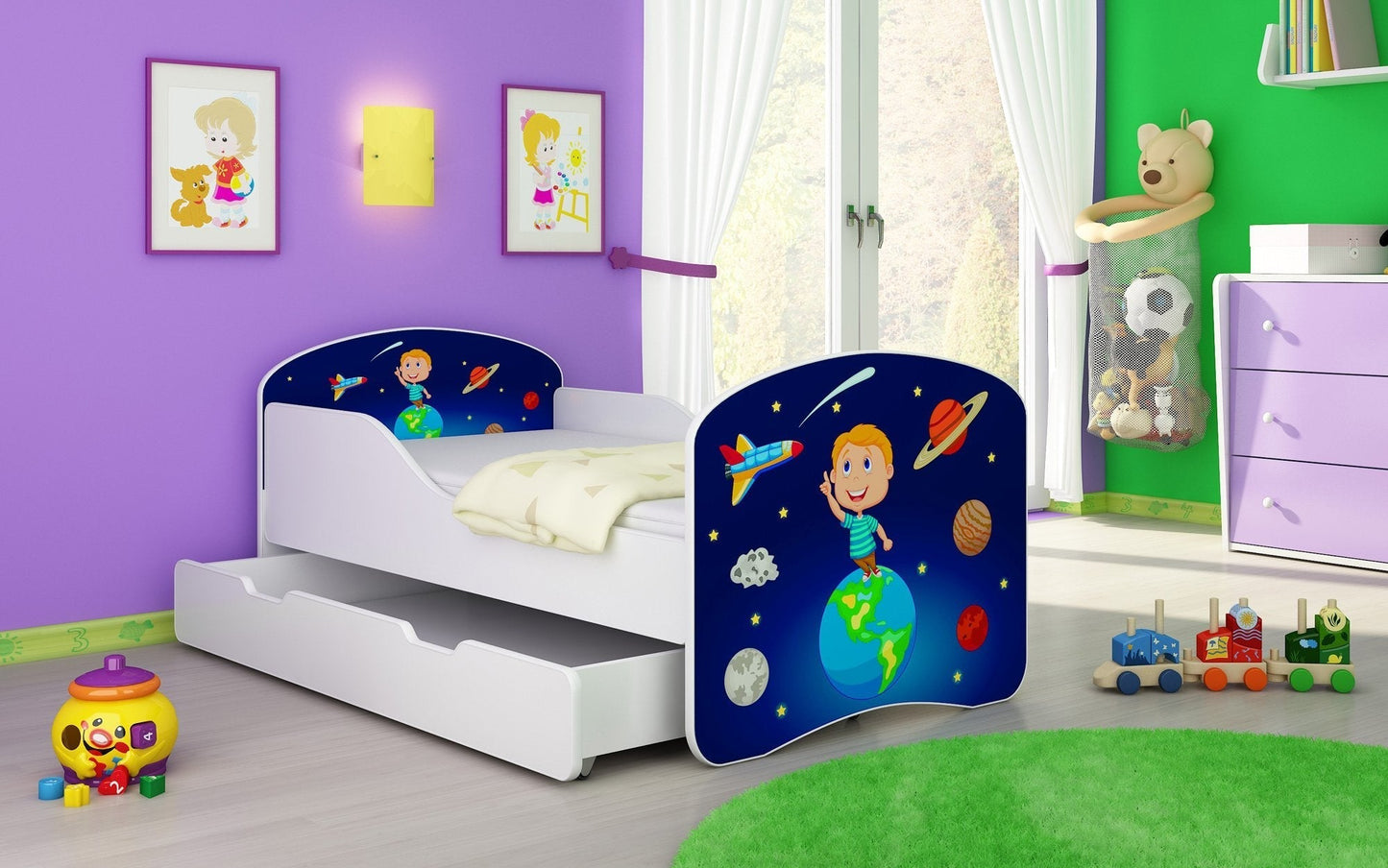 Lit pour enfant Luna avec motifs colorés et tiroir de rangement