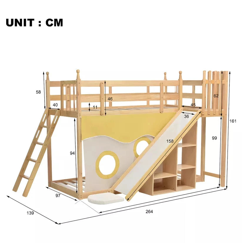 Lit Cabane avec Rideau de Lit - Toboggan et Étagère