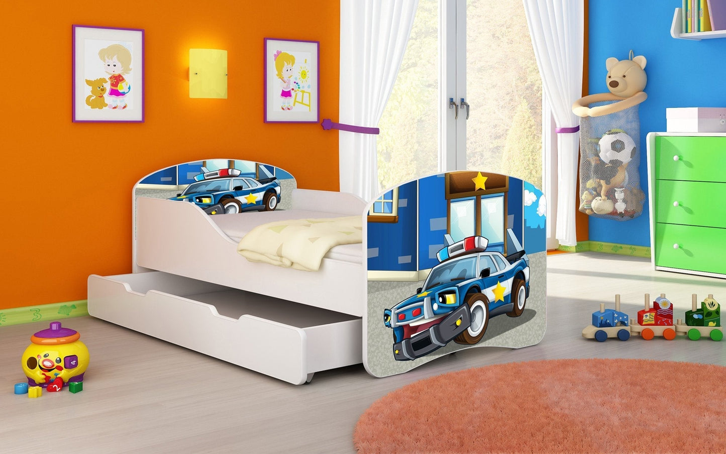 Lit pour enfant Luna avec motifs colorés et tiroir de rangement