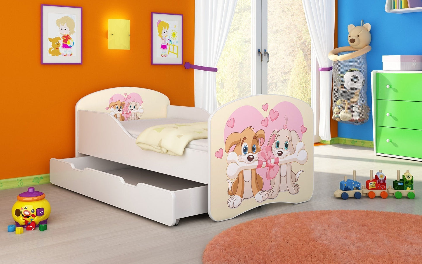 Lit pour enfant Luna avec motifs colorés et tiroir de rangement