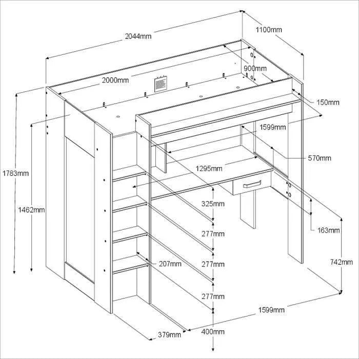 Lit Combiné Mezzanine Enfant avec Armoire et bureau intégrés