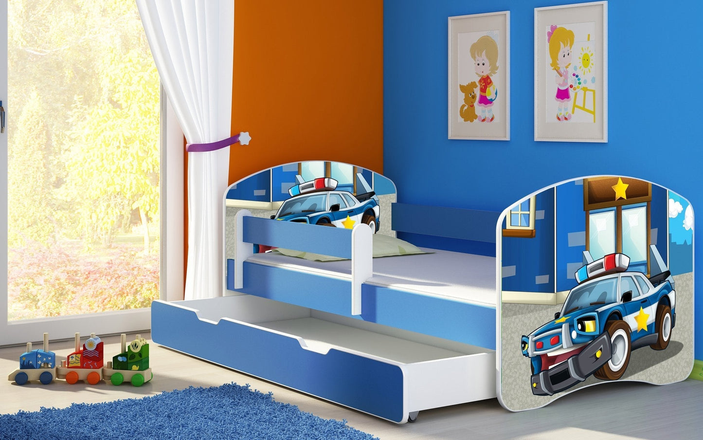 Lit pour enfant Imaginaire avec motifs, panneaux colorés et tiroir de rangement