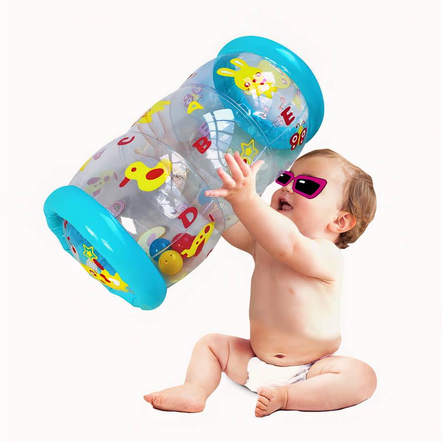 Jouet gonflable bébé rouleau bleu avec imprimés girafe et avion