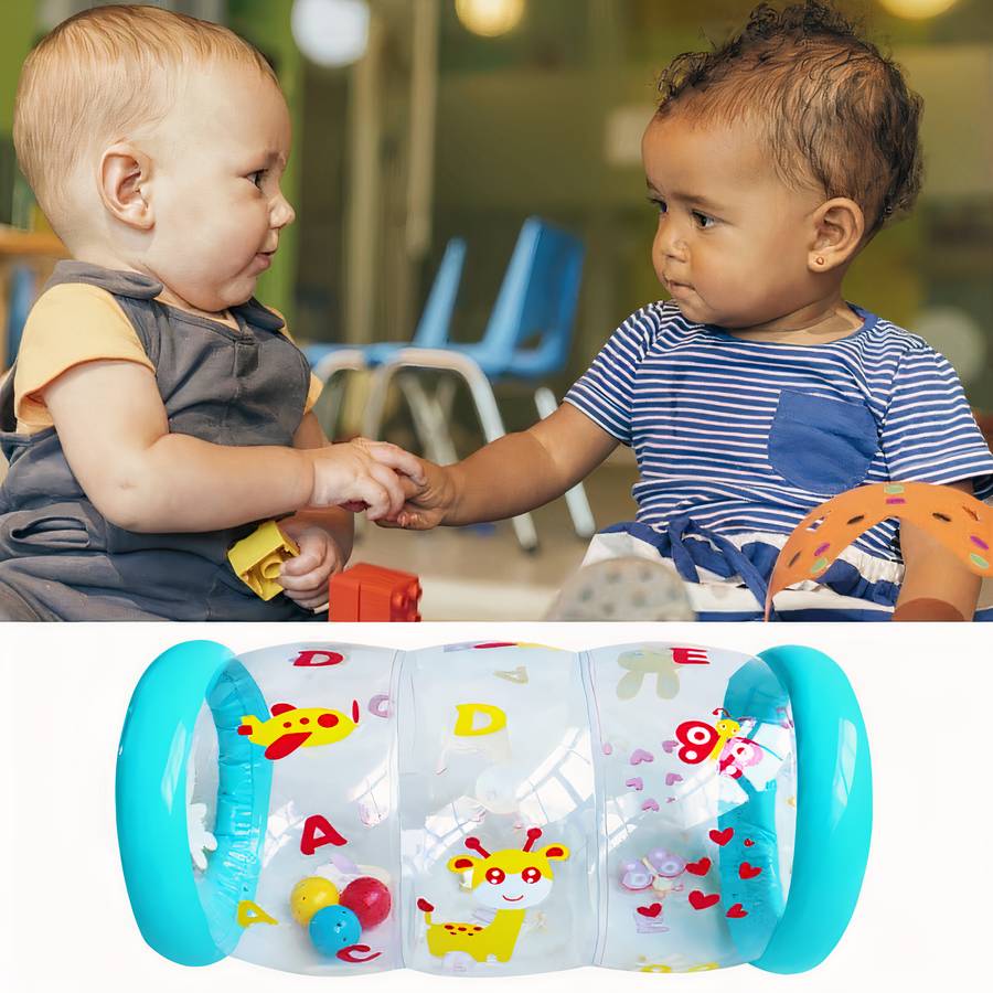 Jouet gonflable bébé rouleau bleu avec imprimés girafe et avion