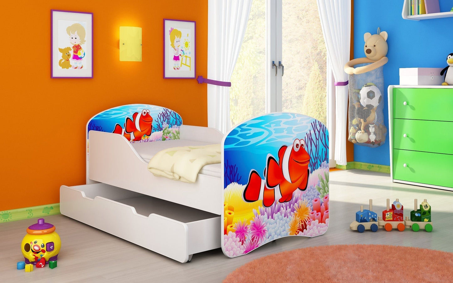 Lit pour enfant Luna avec motifs colorés et tiroir de rangement