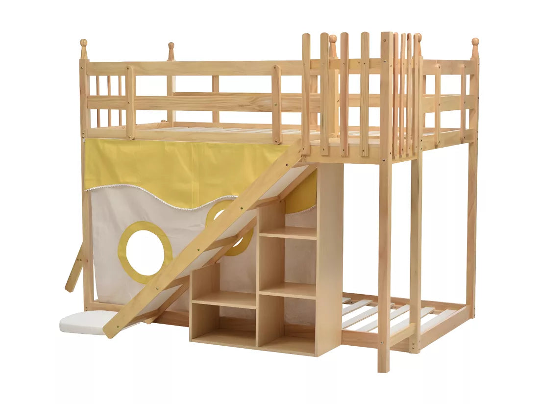 Lit Cabane avec Rideau de Lit - Toboggan et Étagère