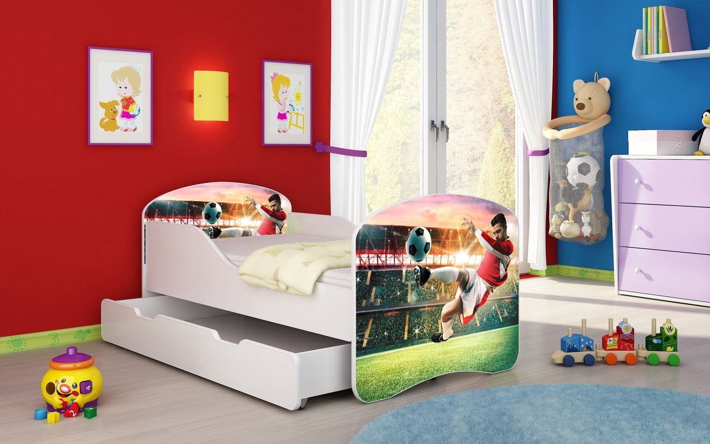Lit pour enfant Luna avec motifs colorés et tiroir de rangement