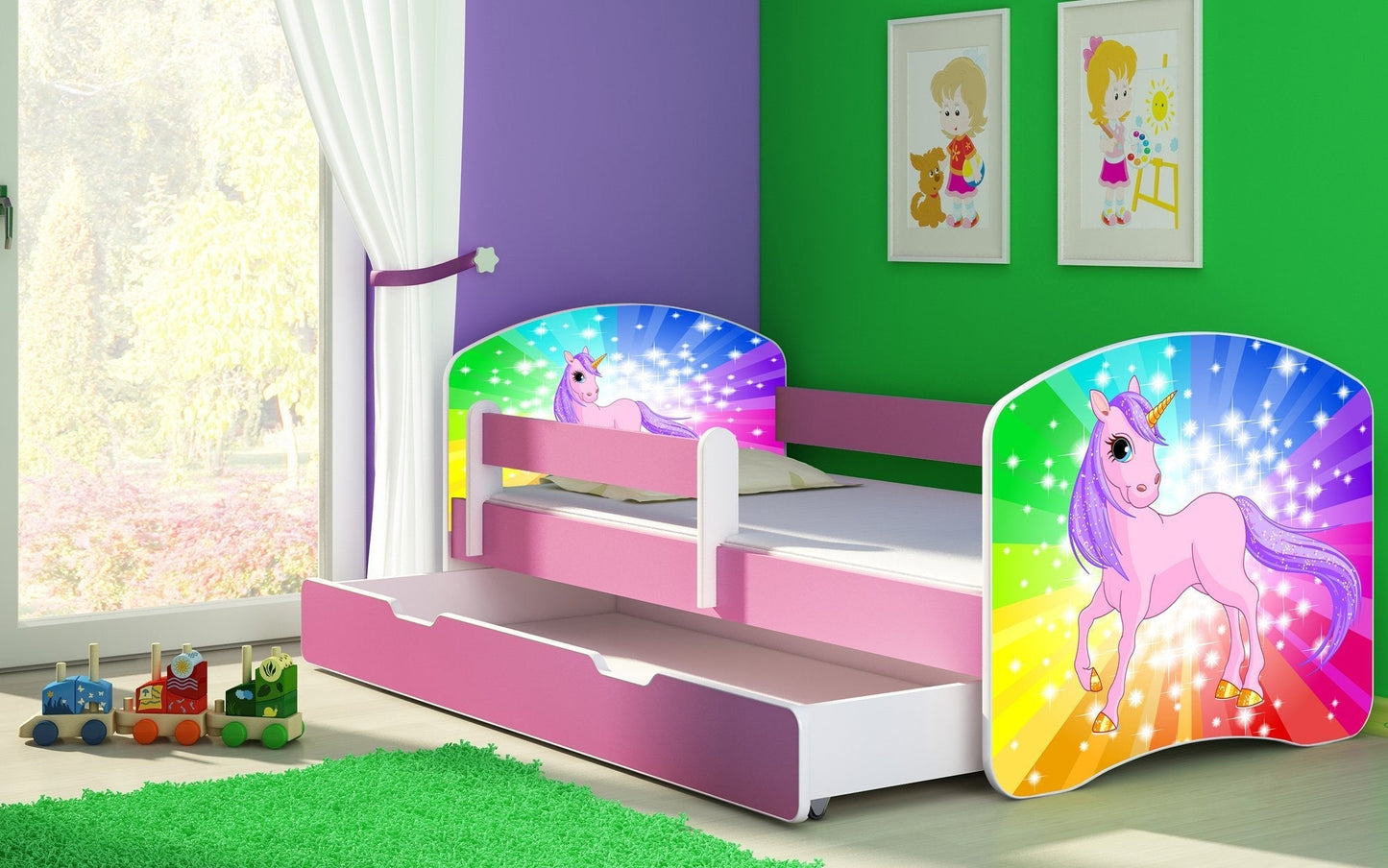 Lit pour enfant Imaginaire avec motifs, panneaux colorés et tiroir de rangement