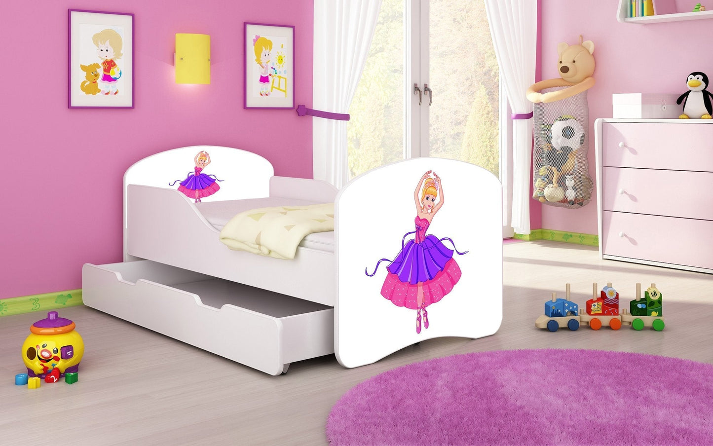 Lit pour enfant Luna avec motifs colorés et tiroir de rangement