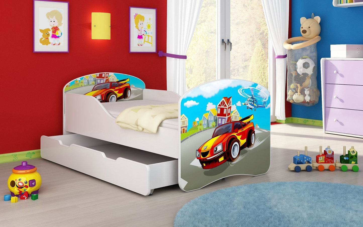 Lit pour enfant Luna avec motifs colorés et tiroir de rangement