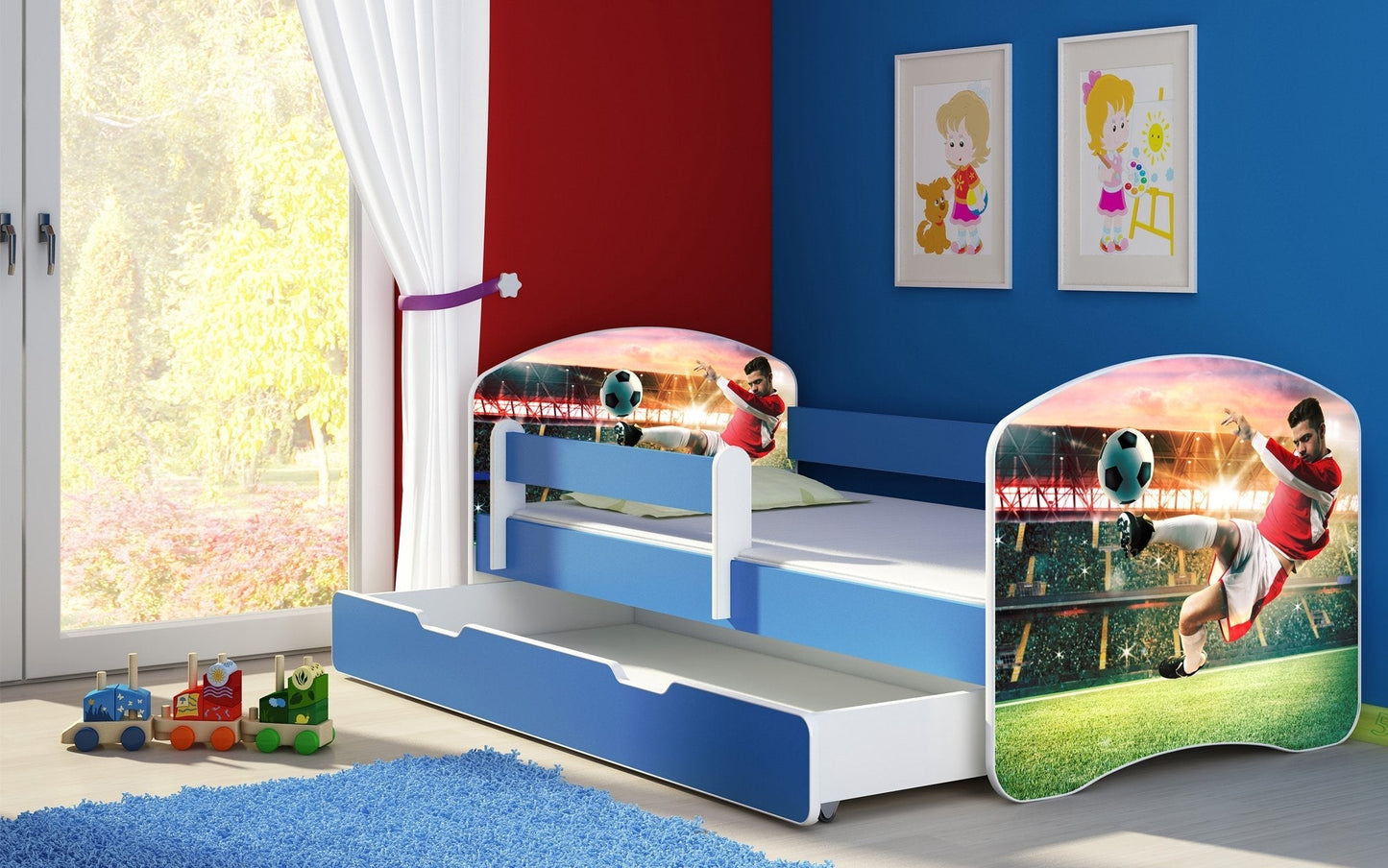 Lit pour enfant Imaginaire avec motifs, panneaux colorés et tiroir de rangement