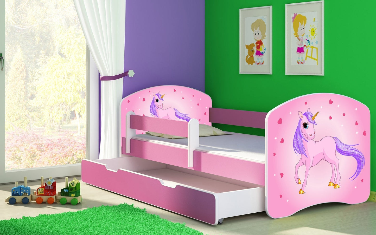 Lit pour enfant Imaginaire avec motifs, panneaux colorés et tiroir de rangement