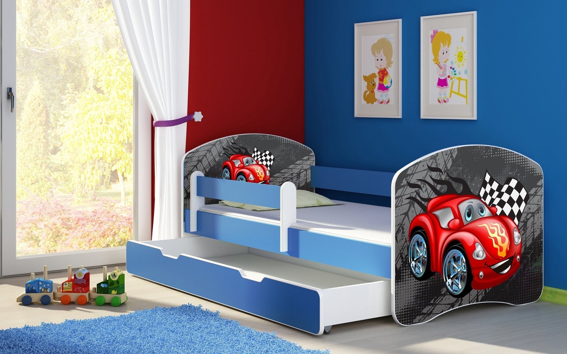 Lit pour enfant Imaginaire avec motifs, panneaux colorés et tiroir de rangement