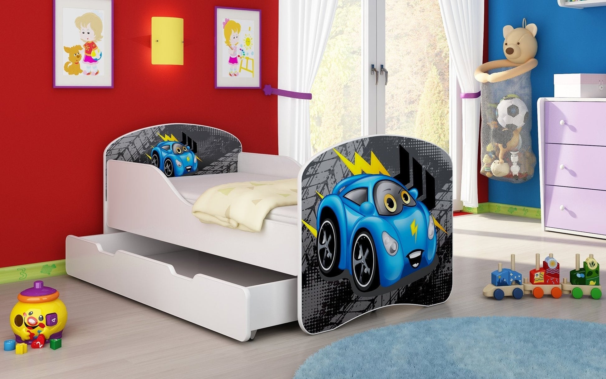 Lit pour enfant Luna avec motifs colorés et tiroir de rangement
