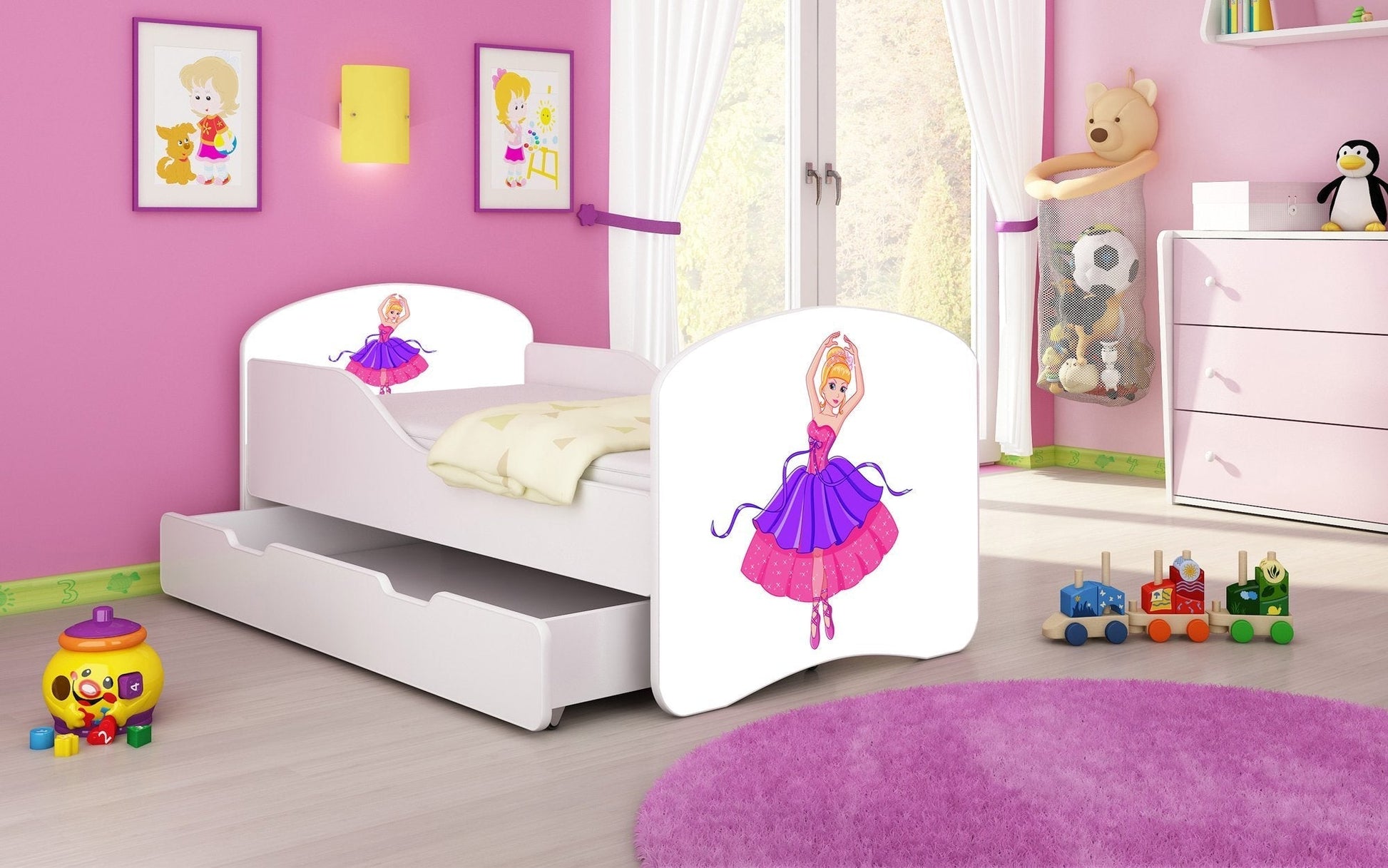 Lit pour enfant Luna avec motifs colorés et tiroir de rangement