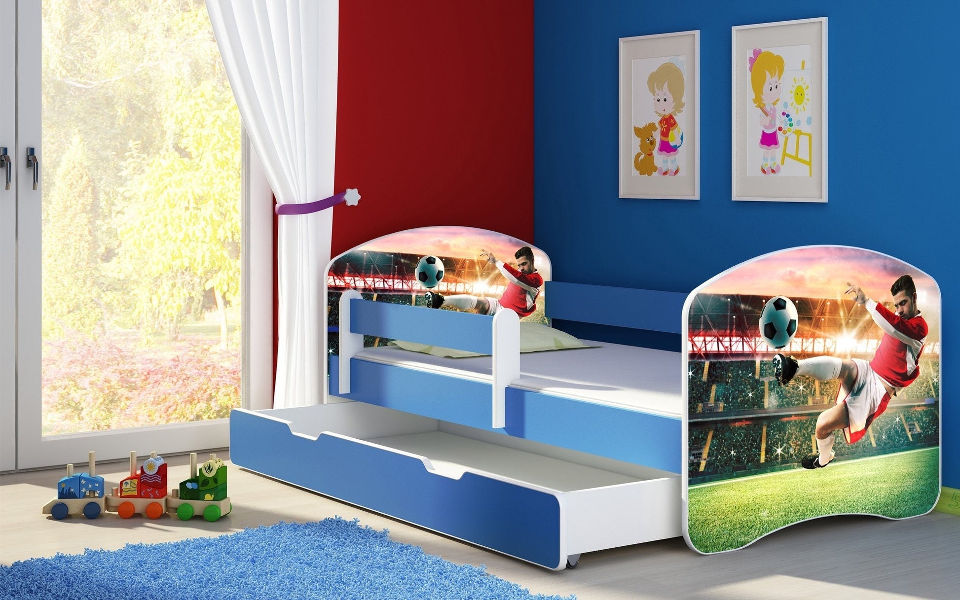 Lit pour enfant Imaginaire avec motifs, panneaux colorés et tiroir de rangement