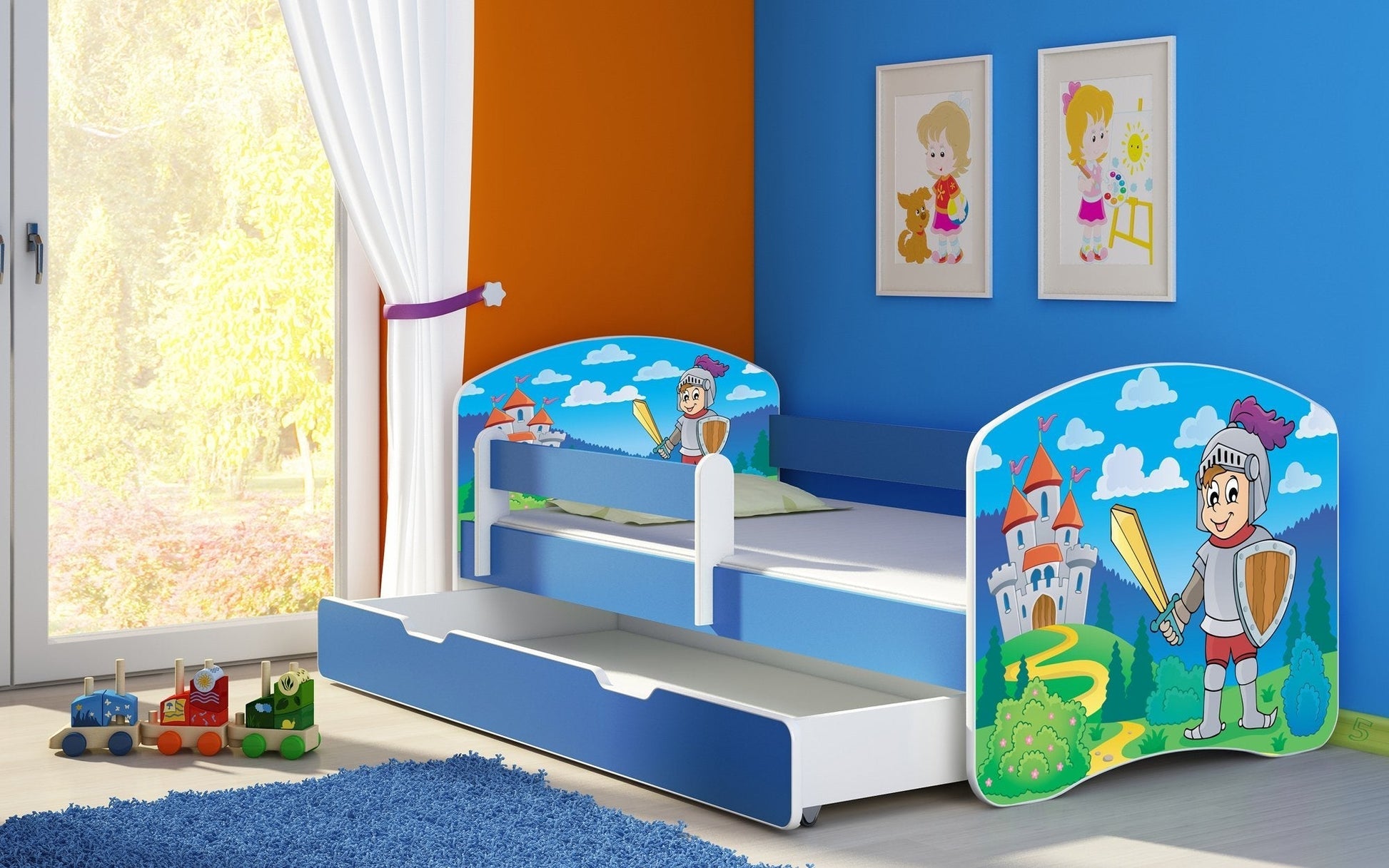 Lit pour enfant Imaginaire avec motifs, panneaux colorés et tiroir de rangement